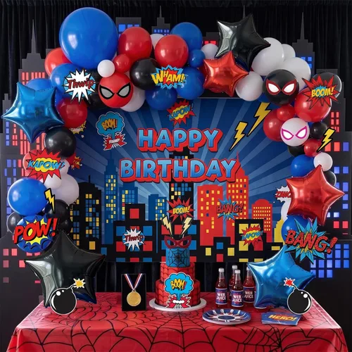 Vista 15 de Decoraciones de fiesta de cumpleaños con temática de circo e incluyen guirnalda de globos rojos, azules y amarillos y globos de papel de aluminio