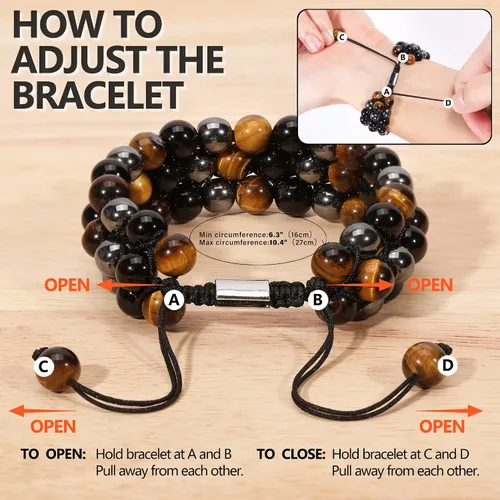 Vista 5 de Pulsera de Triple Protección - Para Protección - Trae Suerte y Prosperidad - Hematita - Obsidiana Negra - Ojo de Tigre - Pulsera de Piedra