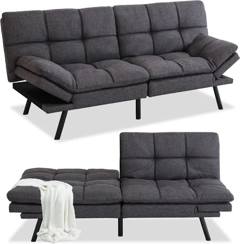 Vista 8 de Futón convertible de piel sintética negra, sofá cama plegable de espuma viscoelástica, sofá biplaza ajustable, futón para sala de estar