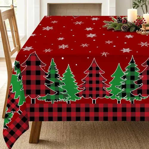 Vista 14 de pinata Manteles de Navidad de 52 x 70 pulgadas, mantel rectangular con diseño de árboles de Navidad, diseño de búfalo negro, a cuadros, oblongos