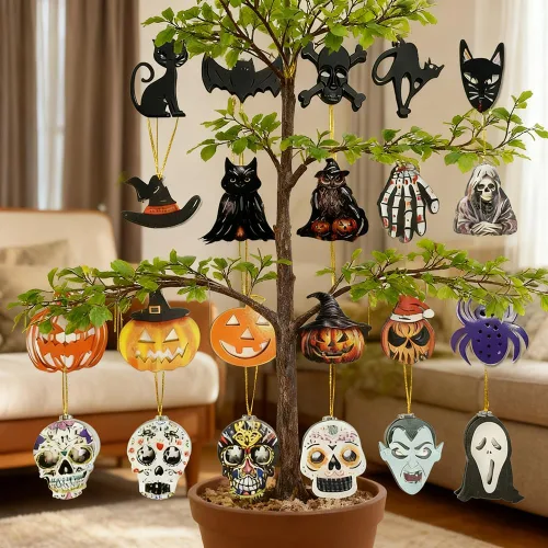Vista 3 de 24 adornos de Halloween, decoración de árbol, araña negra, calavera, murciélago, bruja, calabaza, fantasma, adornos aterradores para árbol
