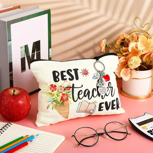 Vista 4 de Fumete Juego de regalos de agradecimiento para profesores para mujeres, bolsa de maquillaje con inicial, llavero para regalo de graduación