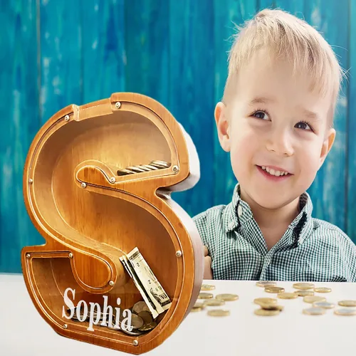 Vista 3 de Alcancía grande personalizada de madera con letras, alcancía de monedas, alcancía personalizada con nombre, puede ser utilizada como regalo