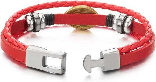 Vista 5 de COOLSTEELANDBEYOND Pulsera de tres filas de cuentas de cuero contra el mal de ojo para hombre y mujer