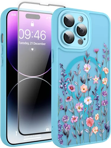 Vista 147 de Magnético para iPhone 13 con protector de pantalla [Compatible con MagSafe] Diseño de patrón floral de flores bonitas, funda delgada a prueba