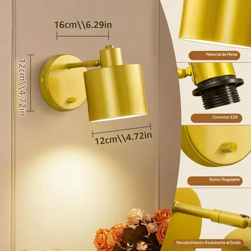 Vista 5 de Lightess Juego de 2 Apliques Decorativos de Pared con Interruptor, Aplique de Pared Dorado Regulable Giratorio de 350° con Cableado Directo, Luces