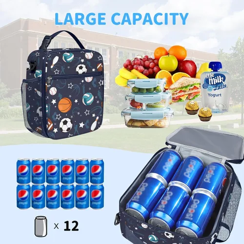 Vista 3 de Bolsa de almuerzo térmica aislada para niños Clastyle Sport Ball, grande, azul, con enfriador térmico, para niños, para picnic, escuela, canasta