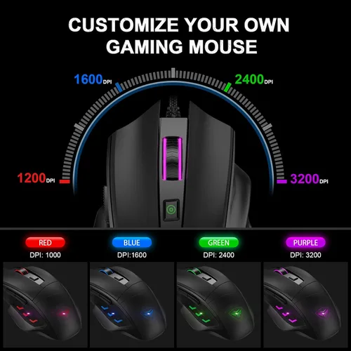 Vista 4 de CP3 Ratón para juegos con cable de 3200 DPI ajustable para computadora ratones para juegos de PC con 4 luces LED para computadora portátil y PC