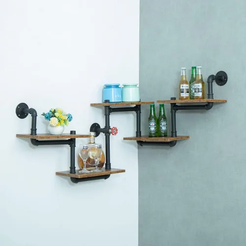 Vista 5 de Estantería de tubería industrial, estantes de tubería con tablones de madera, estantes flotantes montados en la pared, estante industrial rústico
