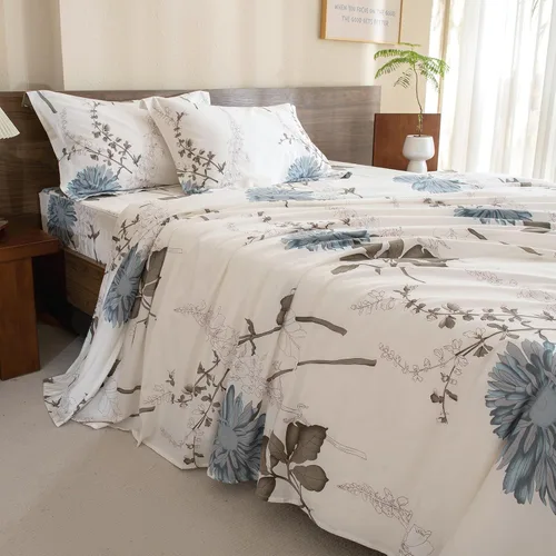 Vista 15 de QSH 100% Sábanas de algodón para cama tamaño Queen - Estampado floral azul de plantas patrón botánico lujoso de algodón estampado floral ropa
