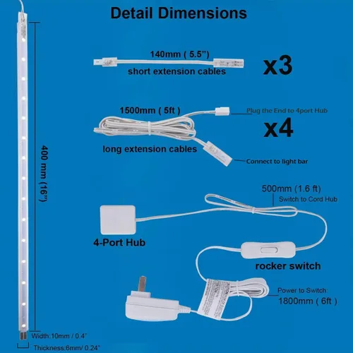 Vista 4 de Kit de barra de luz con pantalla LED, (4) tiras de luces conectables enchufables de 16 pulgadas para gabinete de exhibición grande, serie + conexión