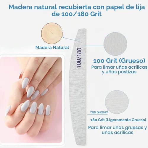 Vista 3 de Limas de uñas (paquete de 12), lima de uñas de madera de grano 100/180, lima de uñas de doble cara de madera Emory para uñas naturales, profesional
