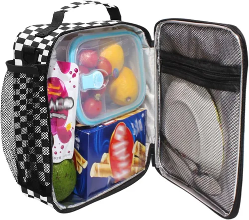 Vista 4 de Lonchera con patrón de cuadros blancos y negros, bolsa de almuerzo aislada, bolsa de preparación para niños, correa de hombro congelable a001