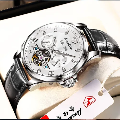 Vista 2 de OLEVS Relojes automáticos de cuero para hombre, esqueleto mecánico, Tourbillon, bisel de acero, reloj de pulsera para hombre, sin batería, correa