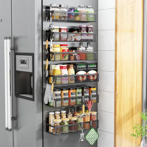 Vista 12 de Aufworld Estante magnético para especias para refrigerador, paquete de 2 estantes magnéticos, organizador magnético para refrigerador con 4 ganchos