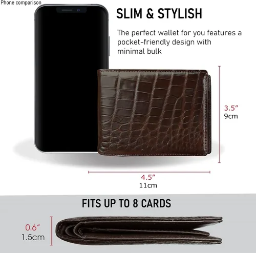 Vista 3 de HATA Cartera plegable de cocodrilo para hombre, hecha a mano para vientre o bocina con bloqueo RFID por vietnamita, Bifold-Dark Brown-Croc Belly