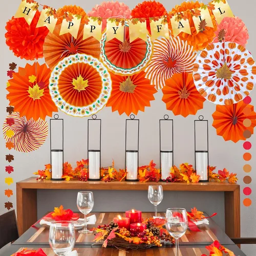 Vista 7 de Winlyn Paquete de 21 decoraciones de fiesta de otoño a granel, color naranja tía, abanicos de papel colgantes, pancarta de feliz otoño, pompones