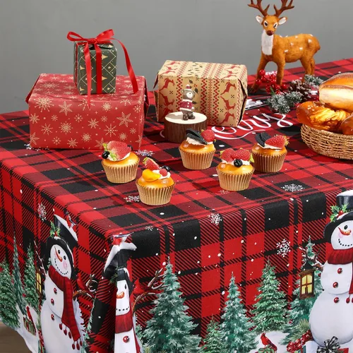 Vista 4 de WovWeave Mantel de Navidad de 60 x 84 pulgadas, mantel rectangular de tela de Navidad reutilizable para invierno, hogar, comedor, fiesta, picnic