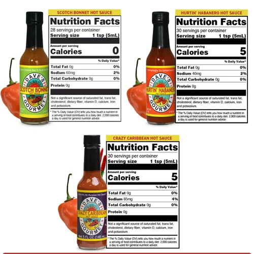 Vista 2 de Dave's Gourmet The Slow Burn Bundle - Scotch Bonnet, Hurtin Habanero y Crazy Caribbean, botellas de salsa picante de 5 onzas (paquete variado de 3)