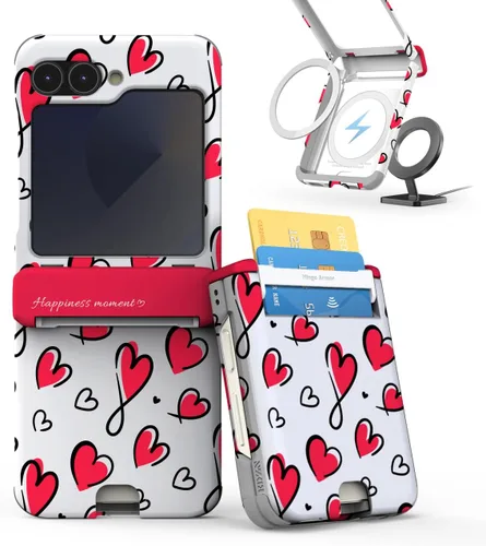 Vista 14 de para Galaxy Z Flip 5 Funda con 2 ranuras para tarjetas, funda rígida delgada y resistente con protección de bisagra, funda completa con protección
