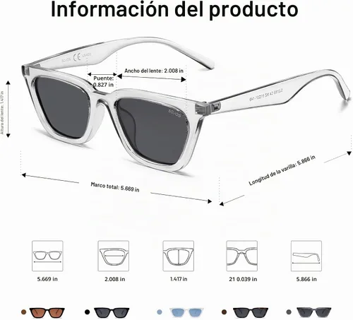 Vista 3 de SOJOS Gafas de sol polarizadas cuadradas estrechas estilo ojos de gato para mujeres, retro, modernas, para conducir SJ2169 Gris transparente/Gris