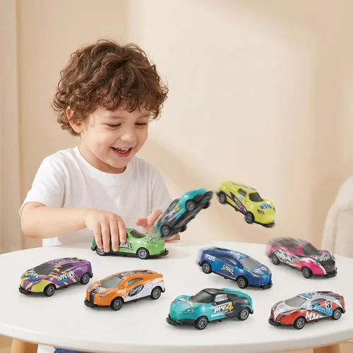 Vista 5 de 8 autos de juguete de carreras de tracción hacia atrás, autos de metal para saltar a troquel para niños de 3 a 6 años, no necesitan baterías, auto