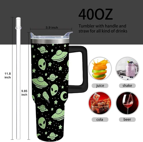 Vista 2 de Vaso térmico de alienígena de 40 onzas con asa y pajita abatible, taza aislante de acero inoxidable para amantes de ovnis, taza de café de viaje