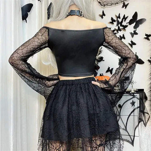 Vista 4 de Camiseta de manga larga con estampado de bruja gótica para mujer, diseño de retazos góticos, ropa estética