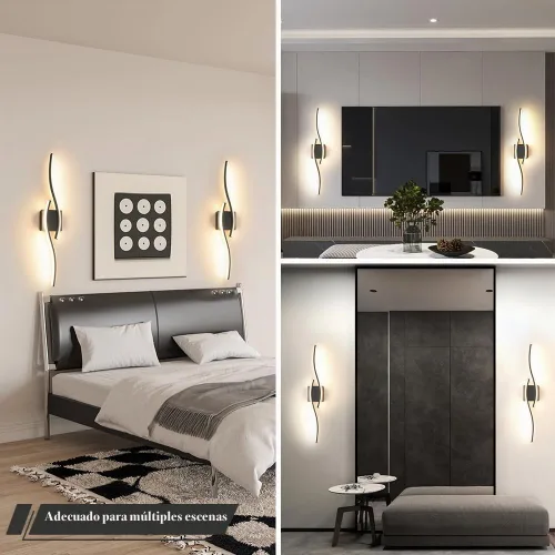 Vista 5 de Daunton Moderno juego de 2 apliques de pared cableados, luz LED negra con control remoto, luz de pared LED regulable RC para interiores, decoración