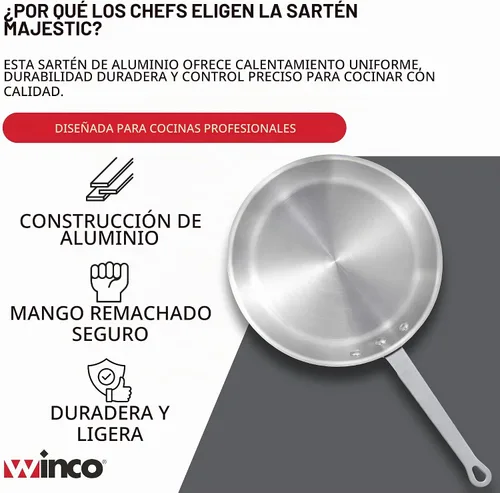 Vista 3 de Sartén Winco de aluminio de 10 pulgadas, acabado satinado
