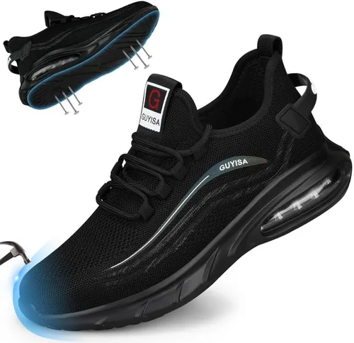 Vista 2 de GLANOUDUN Zapatos de punta de acero para hombre, zapatos de trabajo negros, zapatos de seguridad ligeros para hombres, zapatos de seguridad
