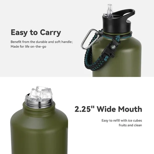 Vista 4 de Botella de agua aislada de 64 onzas con tapas de pajita y boquilla, jarra de agua de acero inoxidable de medio galón con mango de paracord, vacío