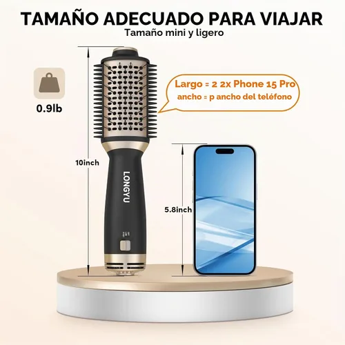 Vista 2 de Longyu Cepillo secador de pelo de doble voltaje de viaje, mini cepillo de aire caliente con enchufe europeo de 110 V-240 V, secador de pelo de un