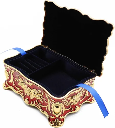 Vista 5 de Joyero rectangular de aleación de metal vintage de lujo, caja de almacenamiento con patrón de rosas para mujeres, niñas, diseño de dos capas, dorado