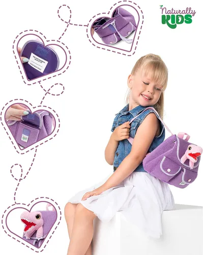 Vista 5 de Naturally KIDS Mini mochila de dinosaurio - Mochila muy pequeña para niñas y niños - Juguetes de dinosaurio para niños de 3 a 5 años - Mochila