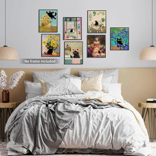 Vista 5 de Divertido póster de arte de pared de gato negro, juego de 9, impresiones en lienzo vintage de gato negro de Van Gogh, impresiones estéticas florales