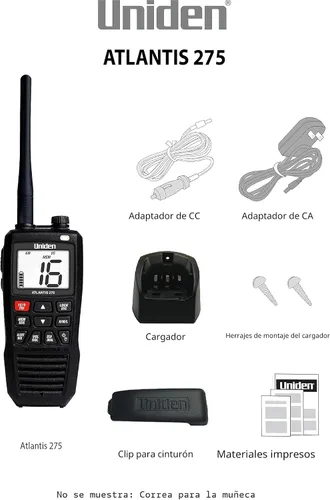 Vista 4 de Uniden Atlantis 275 - Radio marina VHF bidireccional de mano, sumergible IPX8 flotante impermeable, pantalla grande de doble color, 6 vatios, todos