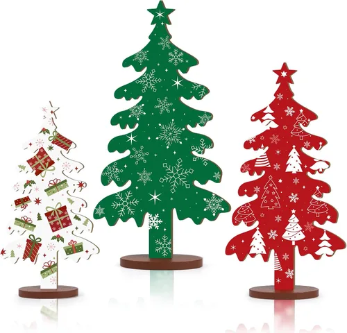 Vista 8 de 3 piezas de decoración de mesa de árbol de Navidad de madera, 3 tamaños de decoraciones de árbol de Navidad de madera independientes de doble cara