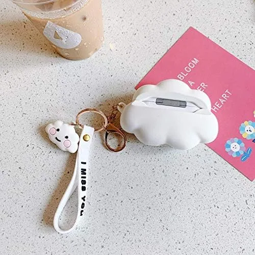 Vista 3 de Linda funda para AirPod Pro para Apple AirPods 2019 con clip llavero pulsera silicona suave color blanco 3D dibujos animados verano lindo encantador