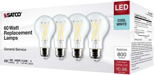Vista 7 de Satco 12464-8A19/CL/LED/E26/940/4PK/120V (S12464) A19 A Line Pear Bombilla LED