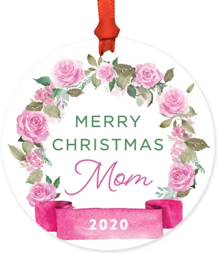 Vista 30 de Andaz Press Adorno de Navidad de madera grabado con láser para aniversario de boda, 1 año juntos, Navidad 2025, pancarta de flores rosas, 1 paquete