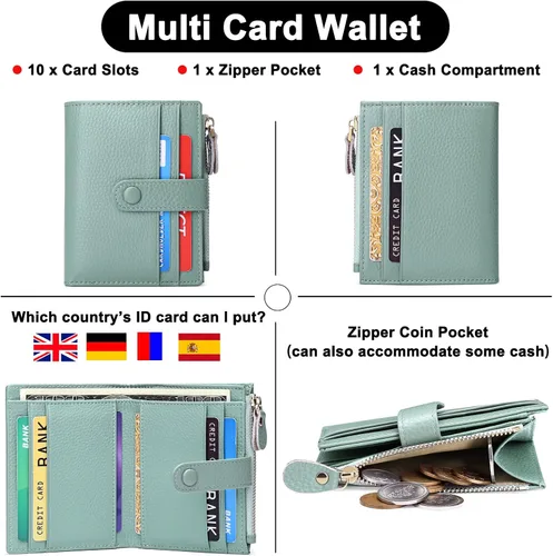 Vista 4 de FALAN MULE - Carteras pequeñas para mujer con bloqueo RFID, carteras de cuero plegables y delgadas con cremallera y monedero para monedas, S