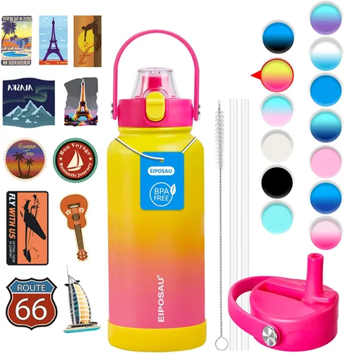 Vista 31 de Botella de agua aislada con tapa, bota y calcomanías, botella de acero inoxidable de 24 onzas, sin sudor, mantiene el frío las 24 horas, botella