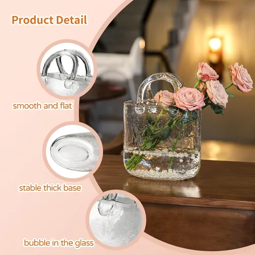 Vista 4 de Jarrón de cristal con asa – Jarrón de vidrio transparente hecho a mano de 10 pulgadas, centro de mesa multifuncional para flores, pecera
