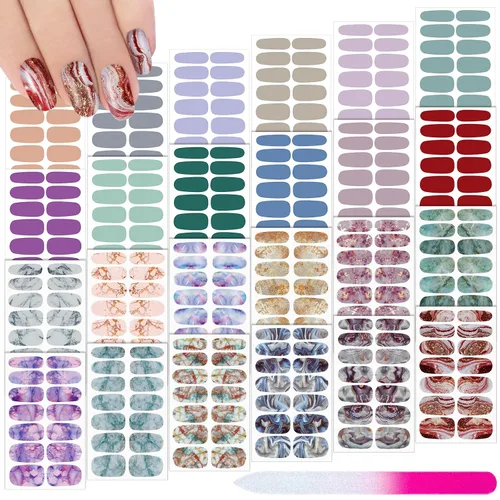 Vista 11 de Maitys 336 piezas de 24 hojas de tiras de esmalte de uñas de envoltura completa, autoadhesivas, tiras de uñas de gel, calcomanías de arte con lima