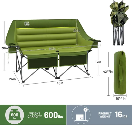 Vista 3 de Timber Ridge Silla de Campamento Doble, Sofá de Campamento Plegable para Exteriores de Servicio Pesado, Sillas de Campamento Loveseat Perfectas