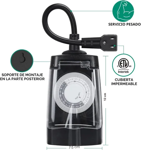 Vista 3 de G-Homa Temporizador mecánico de 24 horas para exteriores, temporizador para exteriores para luces, resistente al agua, 2 salidas a tierra, 15 A 1/2