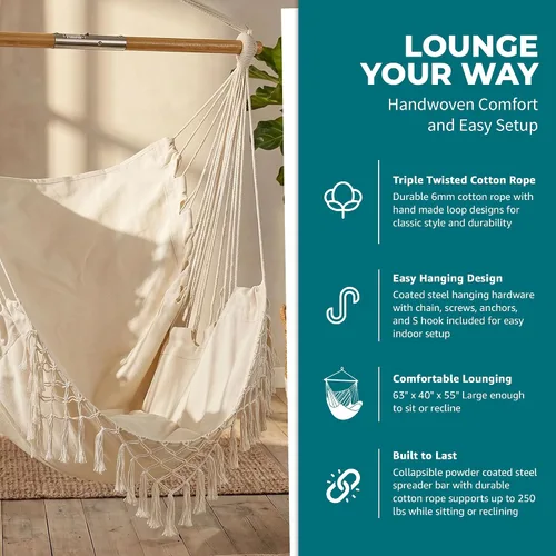 Vista 6 de Bliss Hammocks BHC-412FR - Silla hamaca con flecos de cuerda de isla de 40 pulgadas con herrrajes para colgar y barra separadora, para usar al aire
