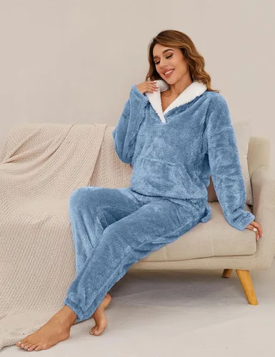 Vista 5 de Flygo Conjunto de pijama de forro polar mullido para mujer, ropa de dormir de franela de felpa