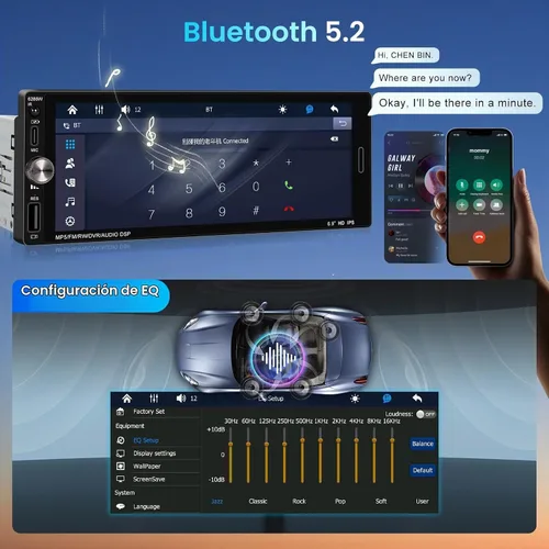 Vista 4 de Estéreo de coche de un solo DIN con CarPlay inalámbrico Android Auto Mirror Link, radio de coche Bluetooth Manos libres Headunit 6.9 pulgadas 1 DIN